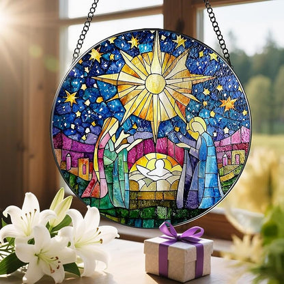 8'' Stained Glass Window Hanging, Nativity Scene Christmas Ornament, Christian Ornament, Sun Catcher Window Decor, Religious Holiday Decor, Gifts for Christmas, Religious Gift, Christian Gift