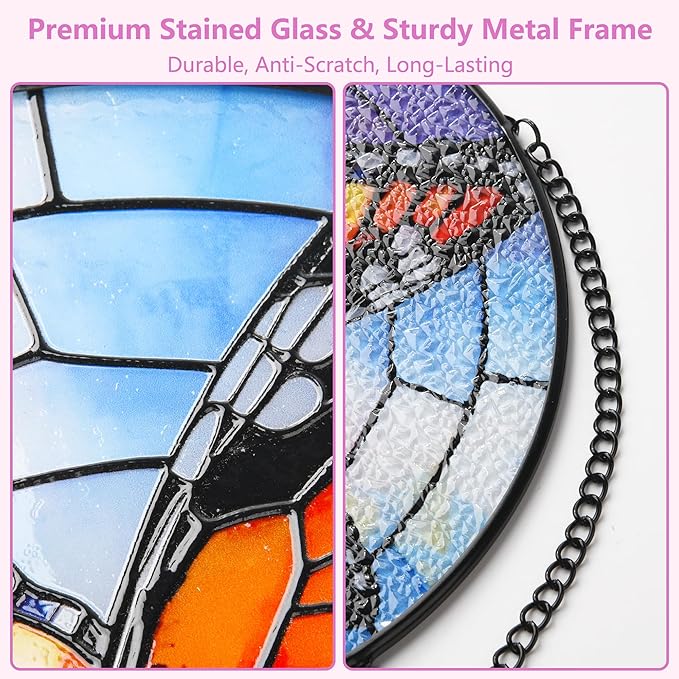Stained Glass Window Hanging, Emperor Butterfly Circular Painted Glass Suncatcher with Chain & Suction Cup for Home Garden Door Decor, Birthday for Women Men Mom 7.8 in