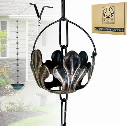 U-nitt Rain Chain Water Collection for Gutters Rainwater Catcher & Diverter, 8.5 FT Chains for Outside Garden, Antique Copper Cups, Roof Downspout, Works with Heavy Rain, w/Gutter Clip for Rainchains