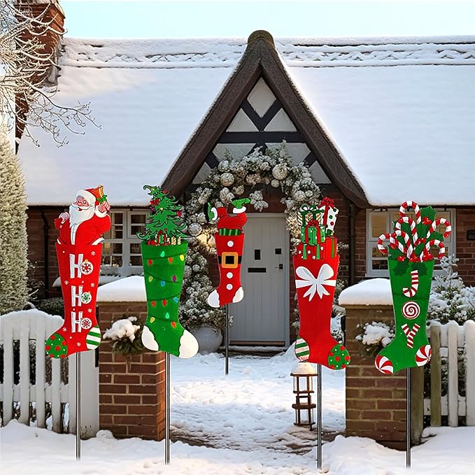 Roowest 5 Pack 12'' H Metal Christmas Yard Stakes Outdoor Decorations Red and Green Christmas Stocking Elf Santa Signs Winter Potted Plant Stakes for Holiday Lawn Garden Home Porch Party Decor