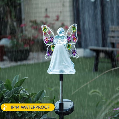 2 Pack Solar Angel Lights, Color Changing & Warm White Dual Glow, Solar Stake Lights with Flower Wings, Waterproof Outdoor Memorial Gifts for Cemetery Grave, Garden Patio Yard Decor for Mom Women