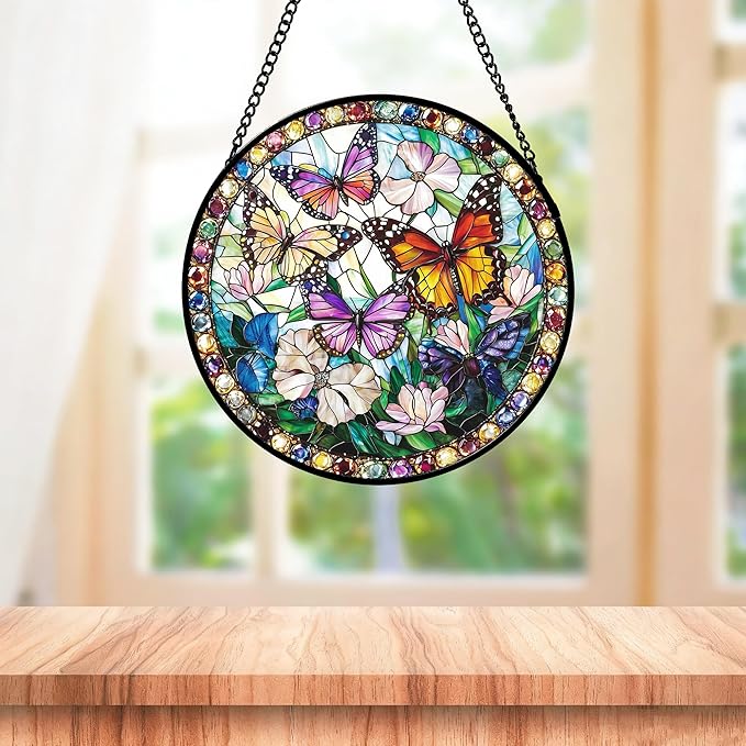 DASTOLL Stained Glass Window Hanging, Colorful Butterfly Suncatcher for Doors Home Sun Catchers Decoration and Christmas, Mother's Day Birthday Gifts for Women, Men, and Mom 14.9x14.9 in