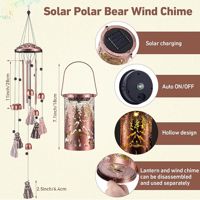 Retisee Bear Design Solar Wind Chimes Outdoor Metal Bear Gifts Solar Light Windchimes Outside Indoors Christmas Decoration Birthday Gift for Home Lawn Porch Patio Garden Yard