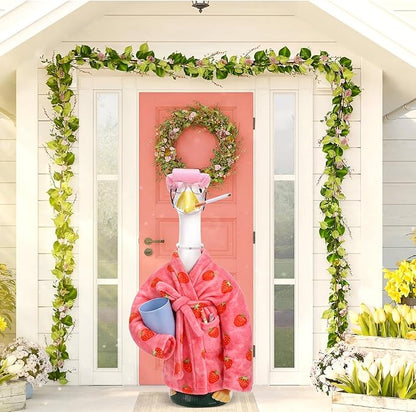Porch Goose Statue Outfits Set Porch Goose Clothes with Bathrobe Curlers Costumes for 23" Plastic Statue Patio Yard Garden Lawn Outdoor Decoration(Pink, Strawberry)