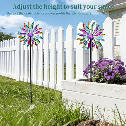 Wind Spinners Outdoor Metal, 360° Kinetic Wind Spinner with Stake, Metal Garden Yard Patio Lawn Windmill Decor (12.6" Dia, 56.7" H, Rainbow Petal)