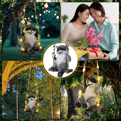 Thyle Solar Light Outdoor Raccoon Statues 19" H Hanging Raccoon on Swing with LED Light Resin Waterproof Hanging Animal Figurine with Hook for Yard Garden Wall Decoration Gift