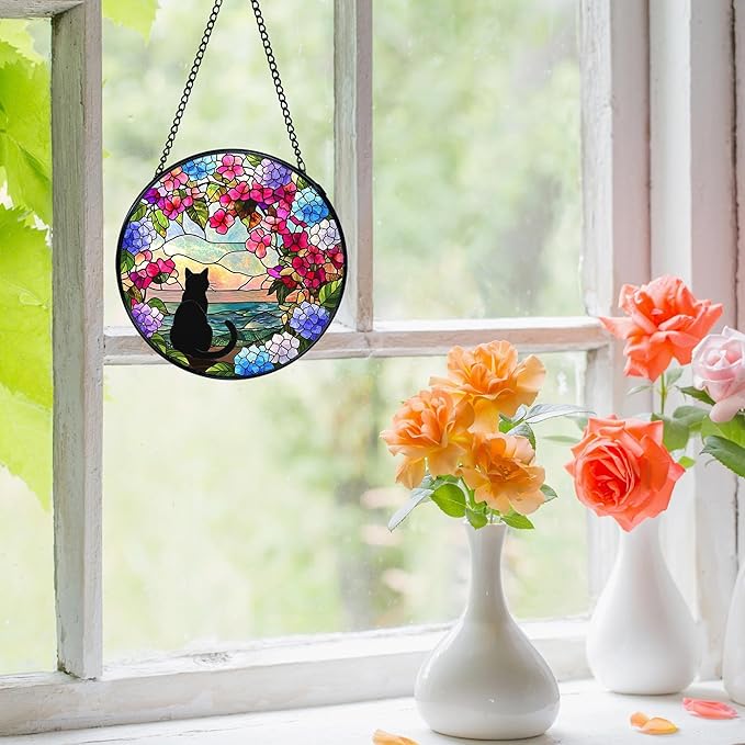 Black Cat Hydrangea Flower Stained Glass Window Hanging, Black Cat Sun Catchers Indoor Window Round Glass Wall Art Decor, Cats Floral Suncatcher Wall Hanging Decorations, Lawn Care