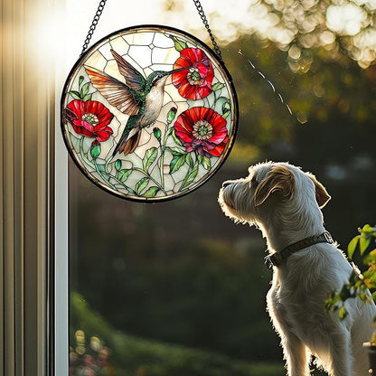 Stained Glass Window Hanging - Green Hummingbird Red Flower Suncatcher for Door Terrace Garden Home Decor Bird Landscape Sun Catcher Birthday Gifts for Lovers Women Men Dad Mom Nana 11.8 in