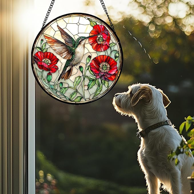 Stained Glass Window Hanging - Green Hummingbird Red Flower Suncatcher for Door Terrace Garden Home Decor Bird Landscape Sun Catcher Birthday Gifts for Lovers Women Men Dad Mom Nana 15 in
