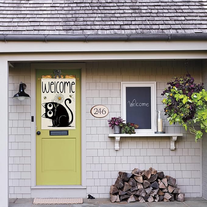 AVOIN colorlife Black Cat Spring Summer House Flag 28x40 Inch Double Sided Outside, Seasonal Daisy Welcome Yard Outdoor Flag