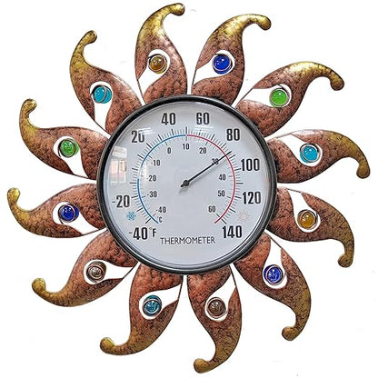 Metal Sun Thermometer Indoor Outdoor Wall Art Decor, Sun with Glass Ball Plaque Sculpture Hanging Mounted for Living Room Bedroom Kitchen Workroom Patio Garden, No Battery Required