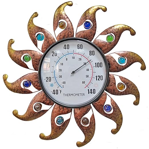 Metal Sun Thermometer Indoor Outdoor Wall Art Decor, Sun with Glass Ball Plaque Sculpture Hanging Mounted for Living Room Bedroom Kitchen Workroom Patio Garden, No Battery Required