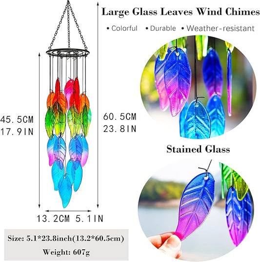 18'' Stained Glass Leaves Wind Chimes for Outside Unique Rainbow Leaves Forest Windchimes Outdoor Decoration Garden Decor