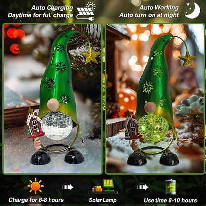 HONGLAND Christmas Gnomes Garden Decor Solar Outdoor Decorations Gnome Yard for Mom, Color Changing LED Lights with Snowflake Hollowed-Out Hat (Green)