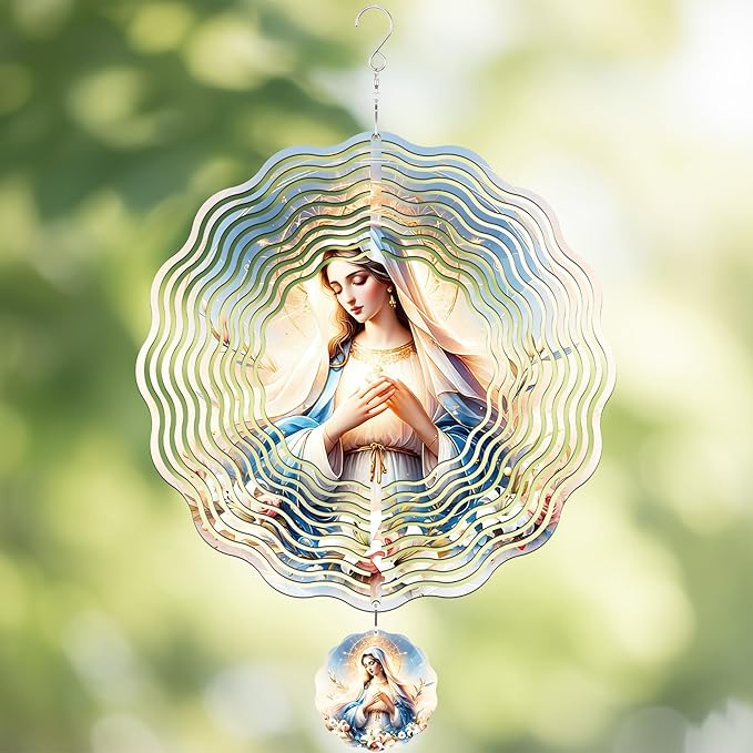 Metal Wind Spinners Outdoor - Virgin Mary 3D Wind Spinner 12 Inch Stainless Steel Ornaments Kinetic Spinning Hanging Decor for Patio Lawn Garden Yard Birthday Gifts for Women Mom Grandma