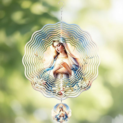 Metal Wind Spinners Outdoor - Virgin Mary 3D Wind Spinner 12 Inch Stainless Steel Ornaments Kinetic Spinning Hanging Decor for Patio Lawn Garden Yard Birthday Gifts for Women Mom Grandma