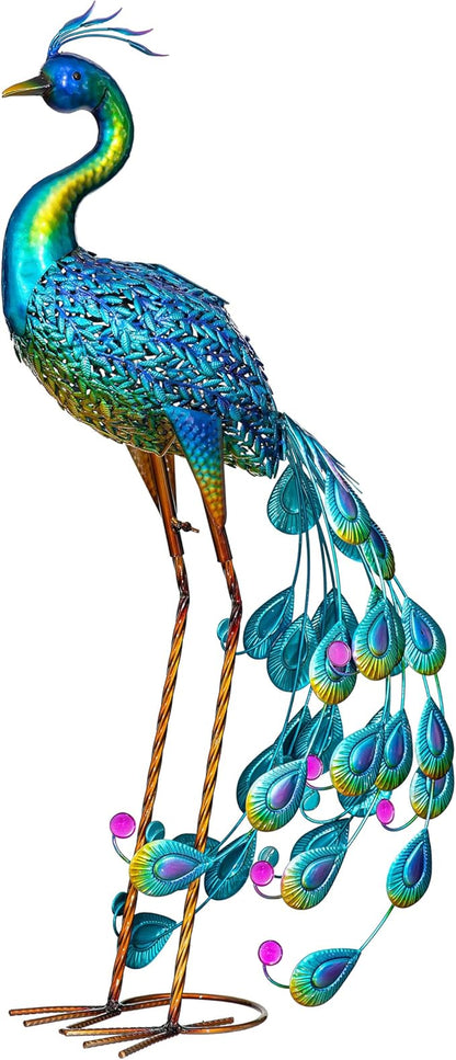 Evergreen Garden 33" Outdoor Solar Peacock Statue | Metal Peacock Decor LED Solar Lights | Garden Stake Lights | Patio Yard Garden Lawn Party Wedding Decoration