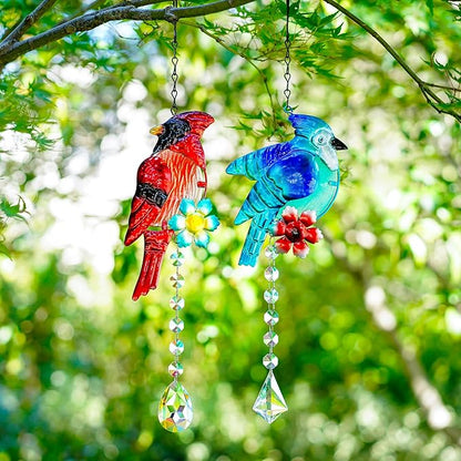 Cardinal and Blue Jay Suncatchers, Stained Glass Birds Hanging Ornament for Christmas Windows, Crystal Bird Sun Catcher Outdoor Decor