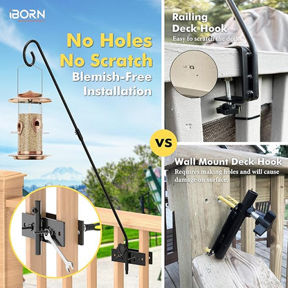 iBorn Fence Deck Hook Rail Heavy Duty Hummingbird Feeder Hanger 28 Inch Railing Hanging Hook for Bird Feeder, Suet Baskets, Planters, Wind Chimes, Solid Wire, 180 Degree Rotary, 1 Pack