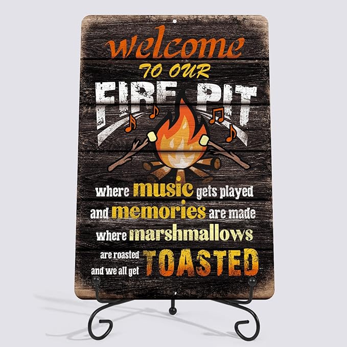 Yniaun Decor Welcome to Our Fire Pit Funny Camper/Camping Metal Tin Signs Vintage Patio Back Yard Decorations Gifts 8 X 12 Inch Indoor/Outside Accessories - Music Gets Played & Memories Are Made