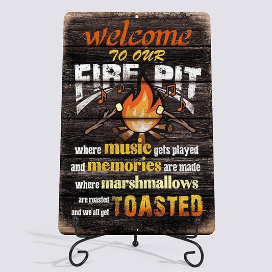 Yniaun Decor Welcome to Our Fire Pit Funny Camper/Camping Metal Tin Signs Vintage Patio Back Yard Decorations Gifts 8 X 12 Inch Indoor/Outside Accessories - Music Gets Played & Memories Are Made