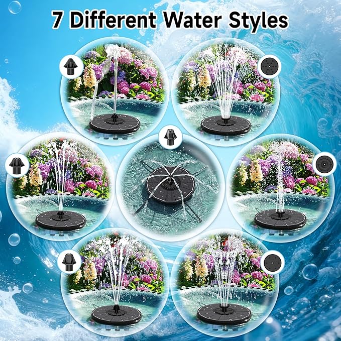 Solar Fountain, 3-Level Adjustable Water Height, 3.5W Glass Powerful Outdoor Fountain Pump with Rotating Rods & 7 Nozzles for Bird Bath, Garden, Pond, Patio, Flower Pot (2026 Model, Black)