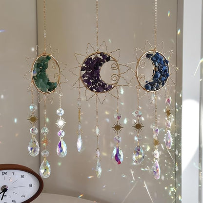 Sun & Crescent Crystal Suncatcher, Crystal Hanging Prism, Rainbow Makers, Housewarming Gift, Garden Decoration, Window Ornament (Blue)