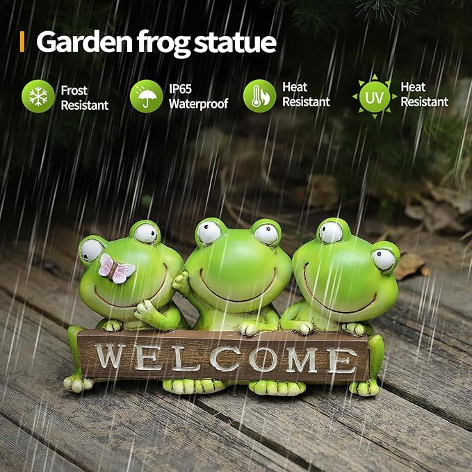 Cute 3-Pack Frog Resin Statue with Welcome Sign - 7.87 Inch”L Hand-Painted Indoor Outdoor Decor, Weather Resistant Frog Figurine for Patio, Yard & Porch