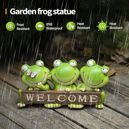 Cute 3-Pack Frog Resin Statue with Welcome Sign - 7.87 Inch”L Hand-Painted Indoor Outdoor Decor, Weather Resistant Frog Figurine for Patio, Yard & Porch