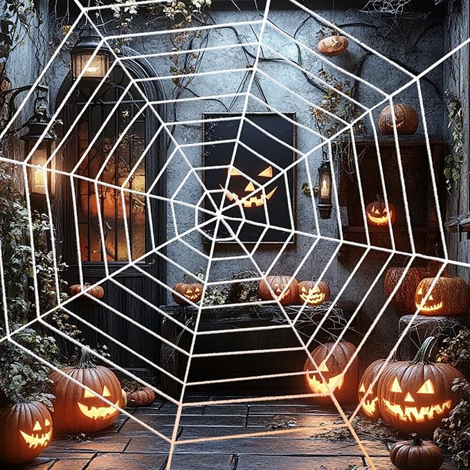 12 FT 9-Ring Spider Web Halloween Decorations, Giant Rope Fake Spider Web for Scary Haunted House, Outdoor Yard, Porch, Wall, and Spooky Trick-or-Treat Hanging Party Decor (White)