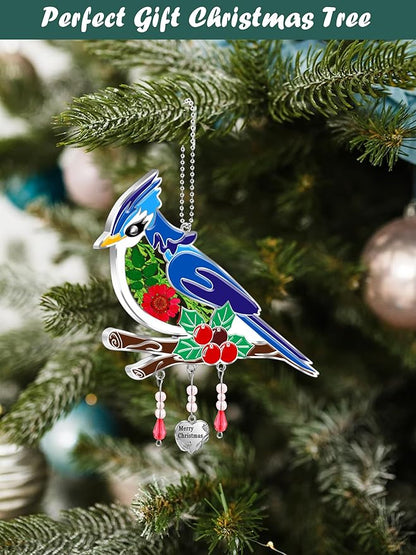 KY&BOSAM Blue Bird Suncatcher Merry Christmas Stained Glass Panel Suncathers for Windows Wind Chime Hanging Ornament with Pressed Flower and Metal Heart Charm Birthday Gift for Women Christmas Decor