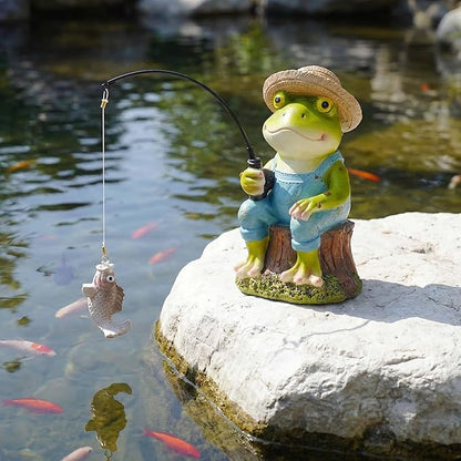Frog Fisherboy Statue | Outdoor Garden Decor, Resin Animal Statue, Pond Ornaments, Poolside Garden Decor, Koi Fish Pond, Unique Fisherman Gifts