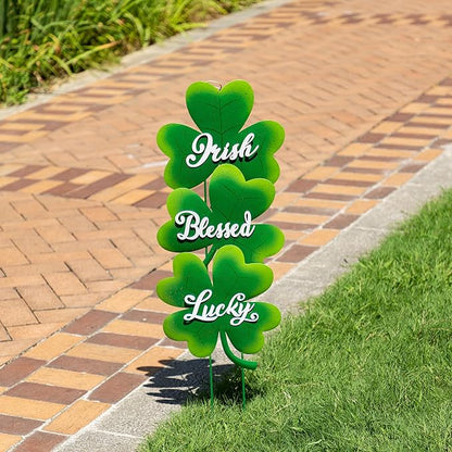 Glitzhome St Patricks Day Yard Signs Outdoor Decorations, 36.75"H Metal Shamrock Garden Stakes Set of 3, Green Shamrock Sign Decor for Irish Outside Lawn Porch