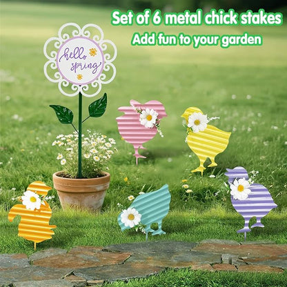 Metal Chicken Yard Art,6 Pack Chicken Sign Garden Stakes,Easter Chicks Decorative Outdoor,Patio,and Lawn Ornaments,Spring Gifts for Women
