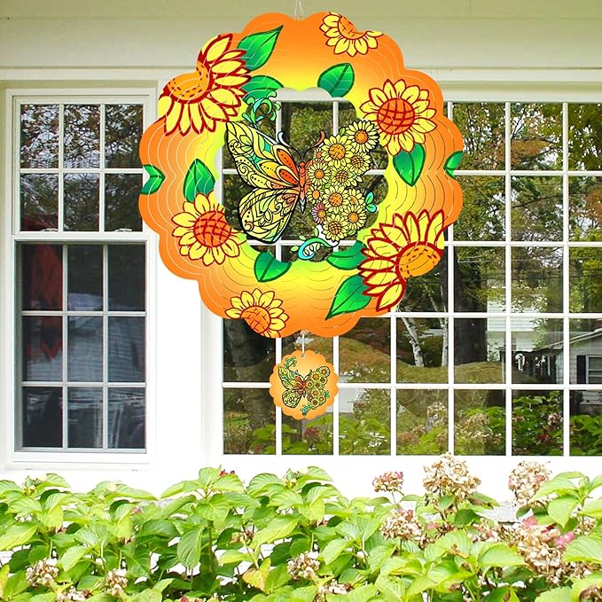 Butterfly Wind Spinners Hanging for Yard and Garden,12 inch 3D Metal Sunflower Outdoor Wind Sculptures Decor Birthday Gifts for Women Mom, Grandma, Gardening for Patio, Lawn, Balcony Porch Decorations