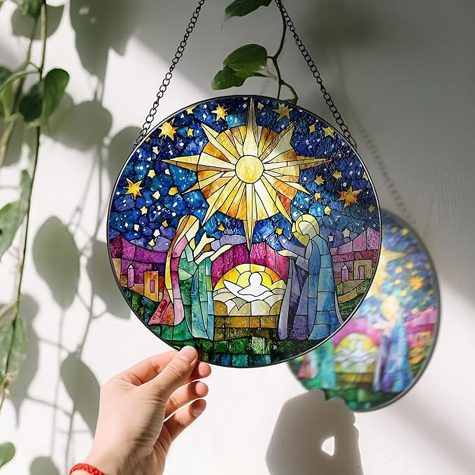8'' Stained Glass Window Hanging, Nativity Scene Christmas Ornament, Christian Ornament, Sun Catcher Window Decor, Religious Holiday Decor, Gifts for Christmas, Religious Gift, Christian Gift