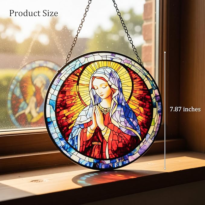Stained Glass Window Hanging - Virgin Mary Suncatcher, The Holy Mother Mary Sun Catchers Decor for Window Hanging, Catholic Gifts for Christian Women Men Mom Wife Religious Faith 7.8in