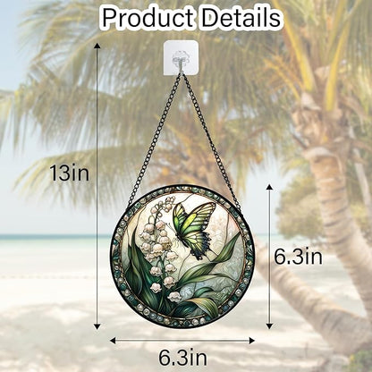 DASTOLL Stained Glass Window Hanging, Lily of the Valley Flower Butterfly Suncatcher for Doors Home Sun Catchers Decoration and Christmas, Mother's Day Birthday Gifts for Women, Men, Mom 6.3 in