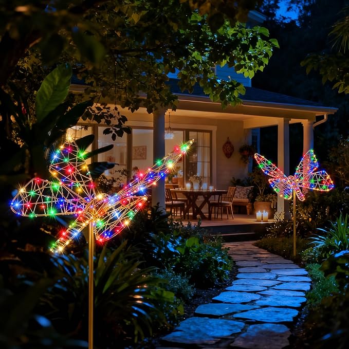 Lomotech Solar Garden Lights - 18" 240 Leds Foldable Outdoor Butterfly Garden Decor, Waterproof Larger Outdoor Solar Lights with Iron for Garden Patio Yard Lawn Pathway Decorations (Multicolor)