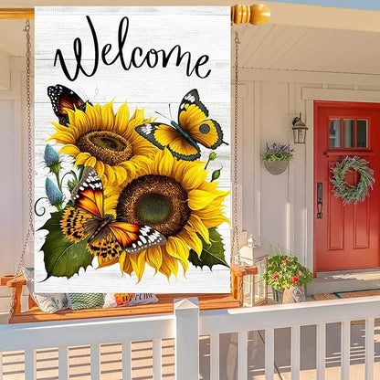 Summer Sunflower Butterfly Garden Flag 28x40 inch Double Sided Welcome Large House Flag, Outdoor Yard Flag for Porch Farmhouse Summer Decor