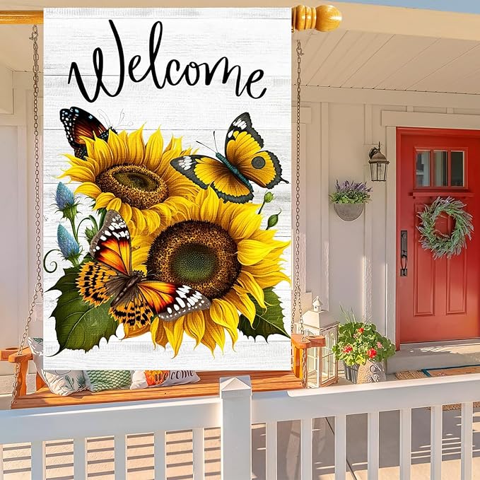 Summer Sunflower Butterfly Garden Flag 12x18 inch Double Sided Welcome Burlap House Flag, Small Outdoor Yard Flag for Garden Porch Farmhouse Decor