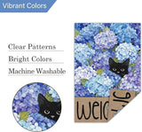 Louise Maelys Spring Summer Garden Flag Black Cat Hydrangea Flower Welcome Double Sided 12x18 Inch Floral Paw Print Seasonal Small Burlap Holiday Yard Outdoor Outside House Decor