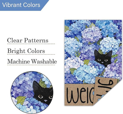 Louise Maelys Spring Summer Garden Flag Black Cat Hydrangea Flower Welcome Double Sided 12x18 Inch Floral Paw Print Seasonal Small Burlap Holiday Yard Outdoor Outside House Decor