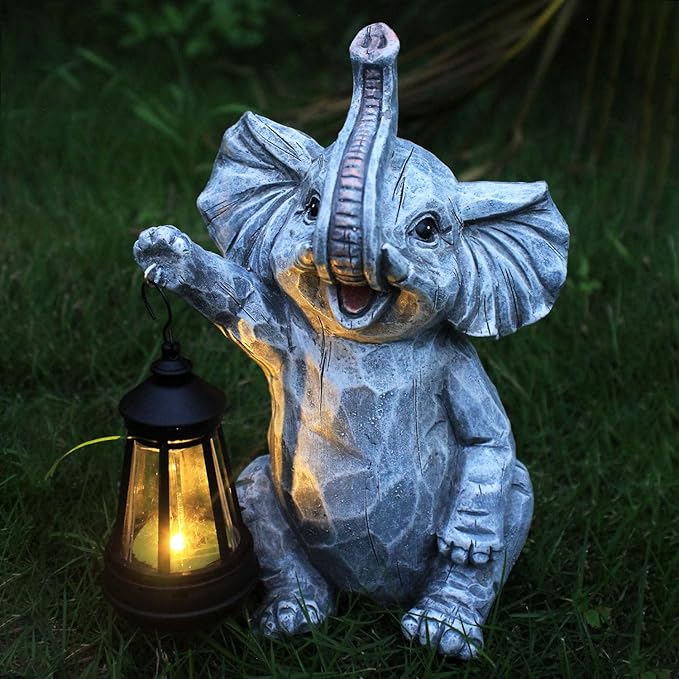 Garden Statues Elephant Solar Figurine Decor Outdoor Waterproof Lights, Yard Decorations Outdoor, Garden Decor Unique Birthday Housewarming Gifts for Mom (Elephant 2)