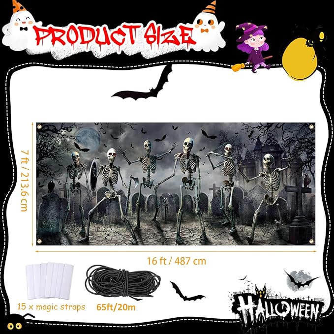 Panelee Halloween Garage Door Decoration 7x16ft Large Horror Backdrop Banner Horror Halloween Garage Door Cover with Bat Cemetery for Home Yard Scary Theme Party Outdoor Wall Decoration (Skeleton)
