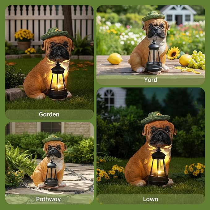 Solar Dog Outdoor Garden Statue with Lantern, French Bulldog Figurine with LED Lights, Lawn Decor for Patio, Yard Ornament, Unique Valentine's Day Birthday Gift for Women Mom Gardener