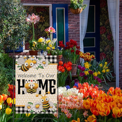 Furiaz Welcome to Our Home Bumble Bee Spring Summer Decorative Large House Flag, Buffalo Plaid Check Daisy Home Outside Garden Yard Decorations, Farmhouse Burlap Outdoor Decor Double Sided 28x40