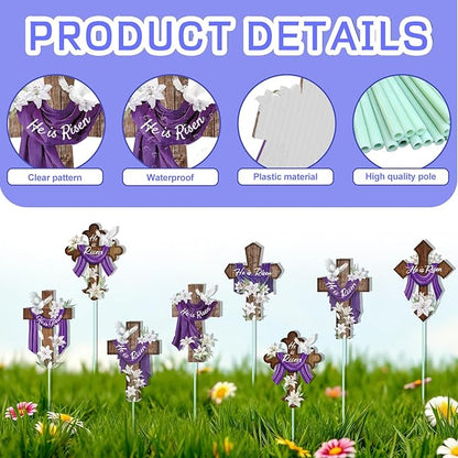 Cinrobiye 12Pcs Easter Planter Stakes Religious He is Risen Flower Pot Signs Christian Cross Stake Outdoor Lawn for Easter Party Patio Yard Outside Greetings Home Farmhouse Decor