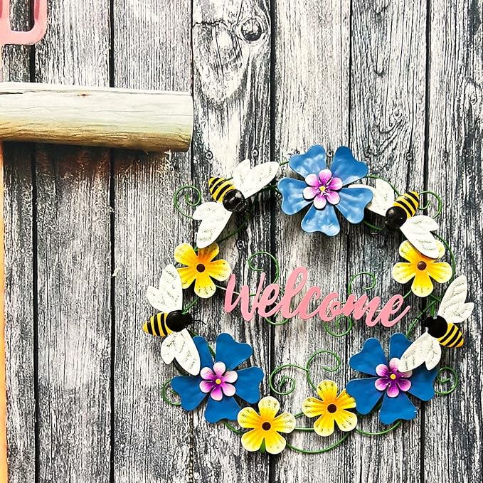 Metal Honey Bee Hanging Welcome Signs Wall Decor Front Door Wreath Garden Fence Patio Porch Yard Spring Indoor Outdoor Decorations 13''H