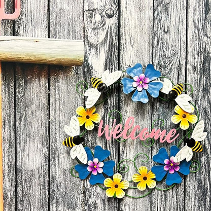 Metal Honey Bee Hanging Welcome Signs Wall Decor Front Door Wreath Garden Fence Patio Porch Yard Spring Indoor Outdoor Decorations 13''H